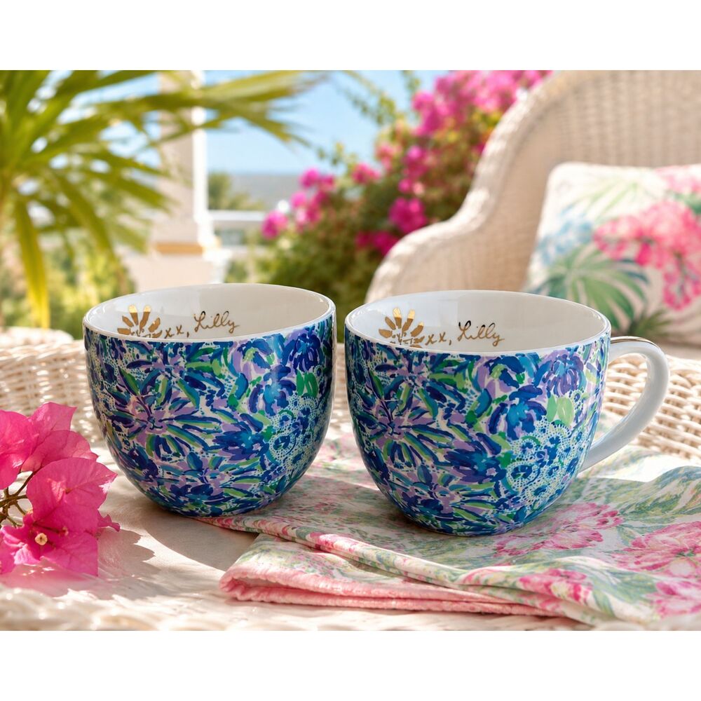 Lilly Pulitzer Hidden Cat Mugs – Rare Floral Pair, 12oz, Gold Trim